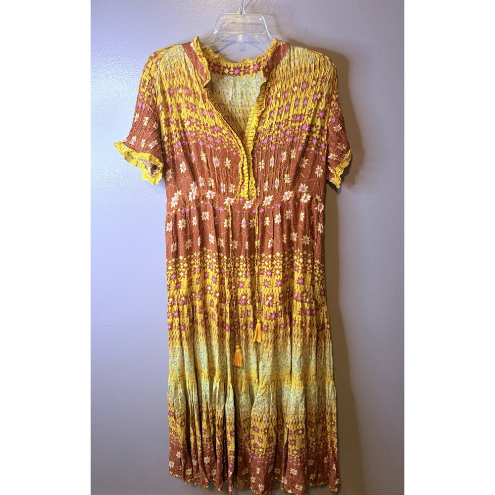 Free People Rare Feelings Midi Dress Warm Floral Tiered Boho Tassel Women Size M - Picture 2 of 8